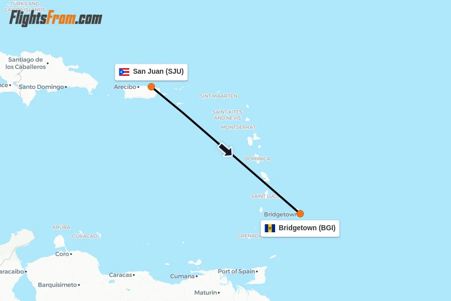 Flights from San Juan to Bridgetown route map