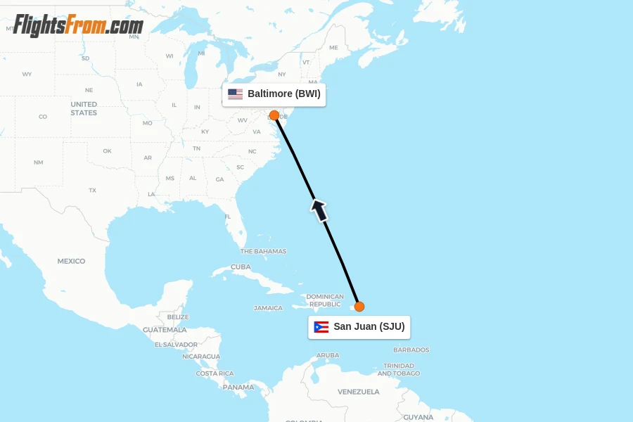 Flights from San Juan to Baltimore route map