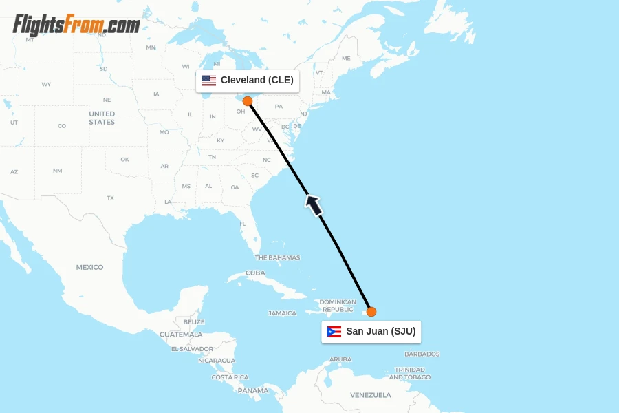 Flights from San Juan to Cleveland route map