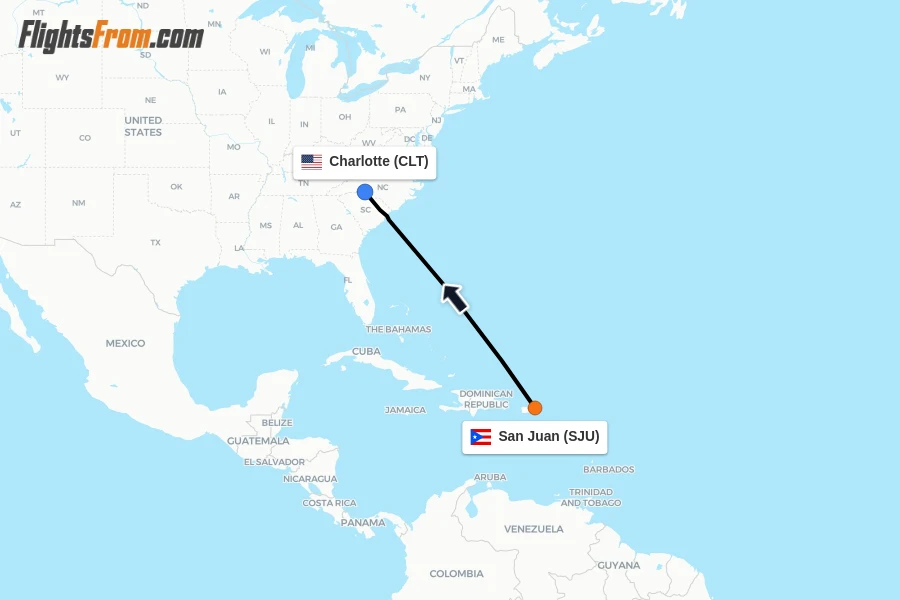 Flights from San Juan to Charlotte route map