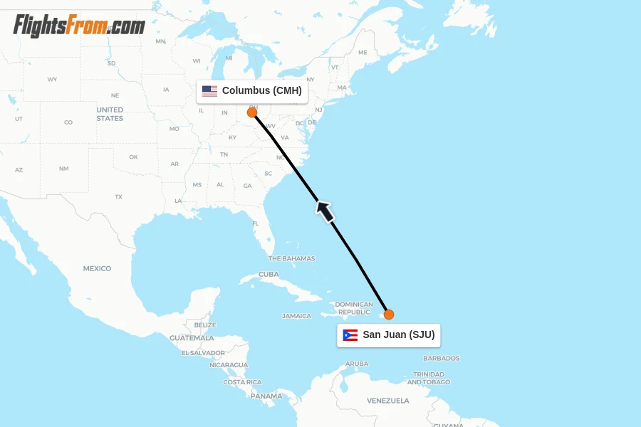 Flights from San Juan to Columbus route map