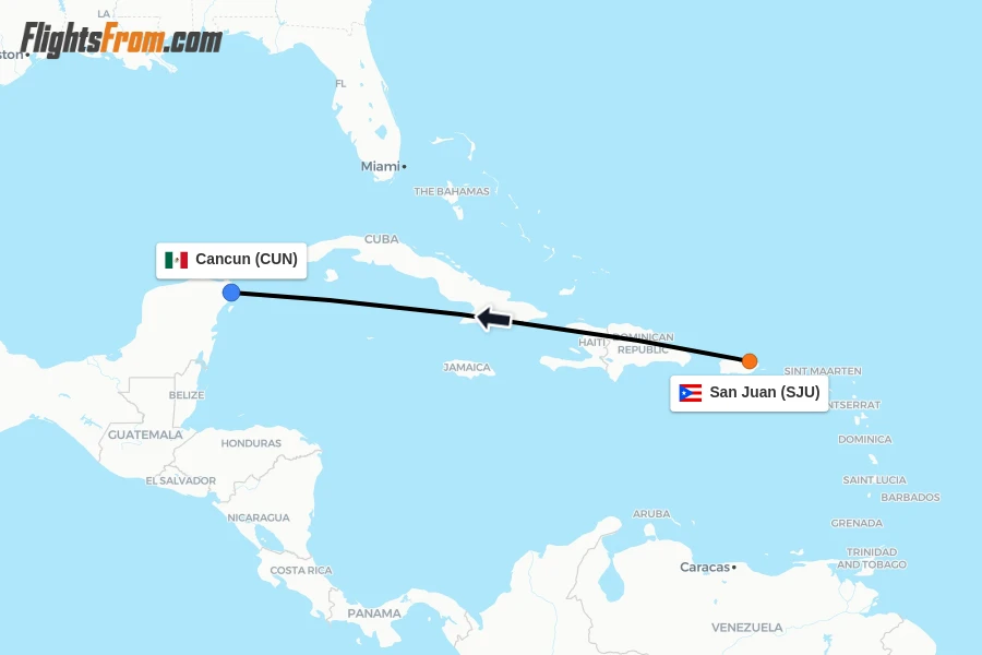 Flights from San Juan to Cancun route map