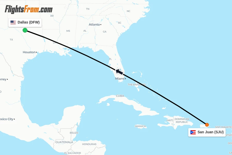 Flights from San Juan to Dallas route map