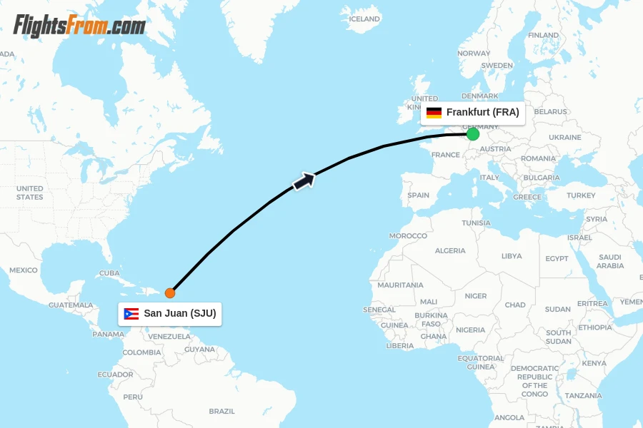 Flights from San Juan to Frankfurt route map