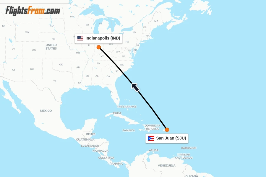 Flights from San Juan to Indianapolis route map