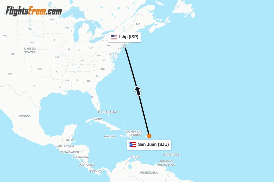 Flights from San Juan to Islip route map