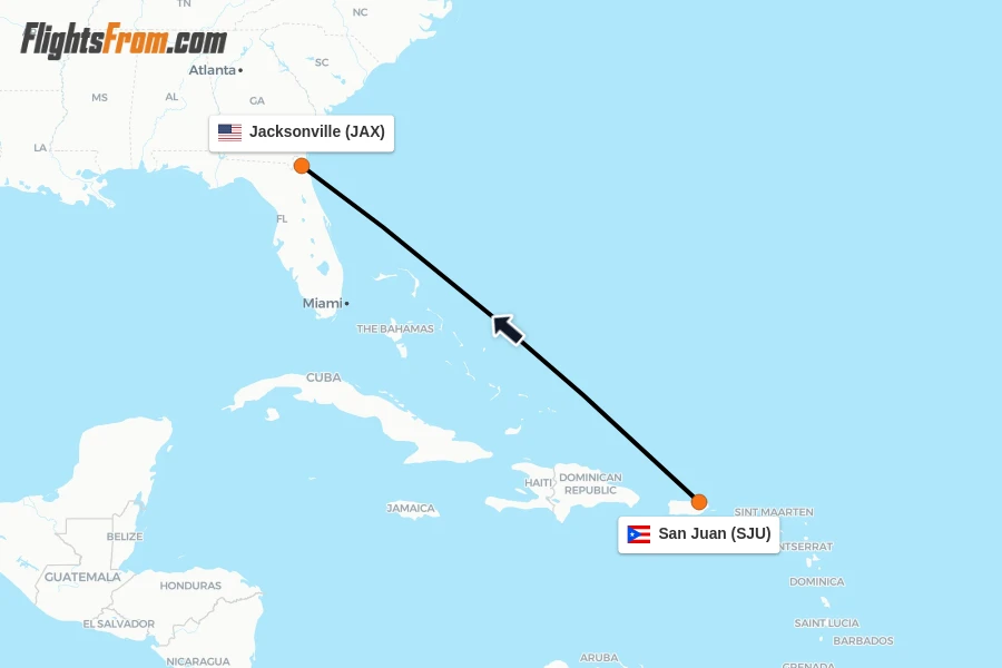 Flights from San Juan to Jacksonville route map