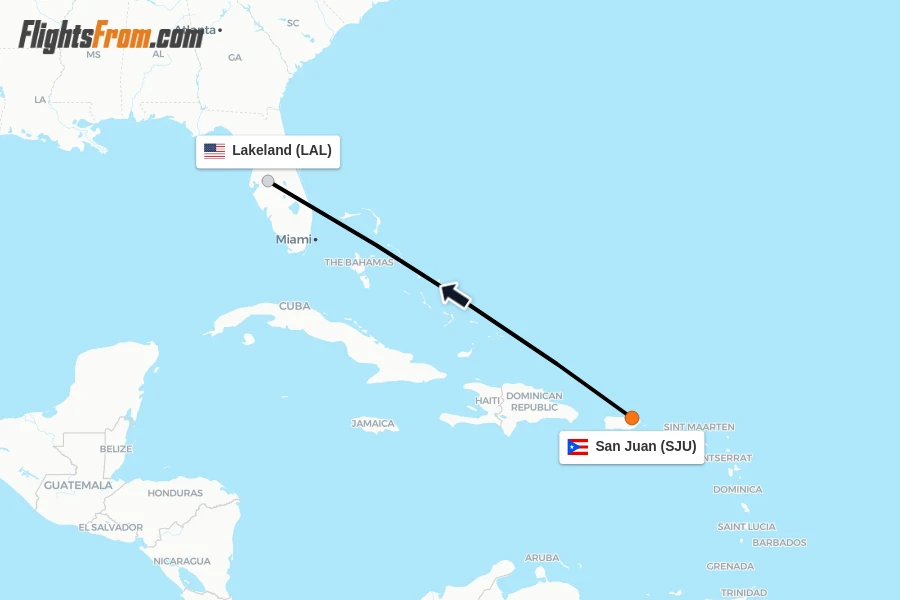 Flights from San Juan to Lakeland route map