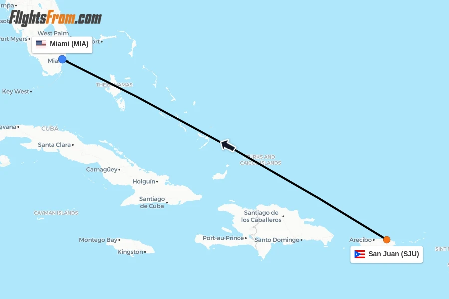 Flights from San Juan to Miami route map