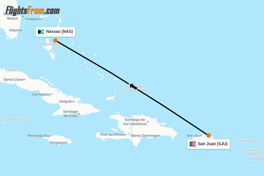 Flights from San Juan to Nassau route map