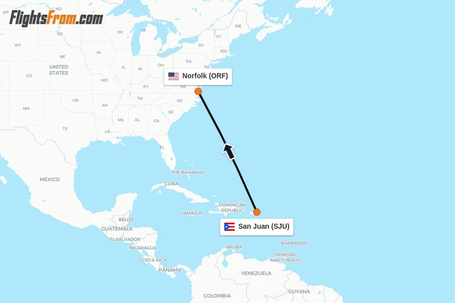 Flights from San Juan to Norfolk route map