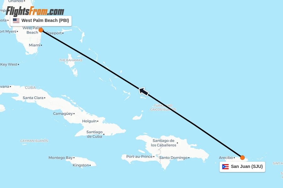 Flights from San Juan to West Palm Beach route map