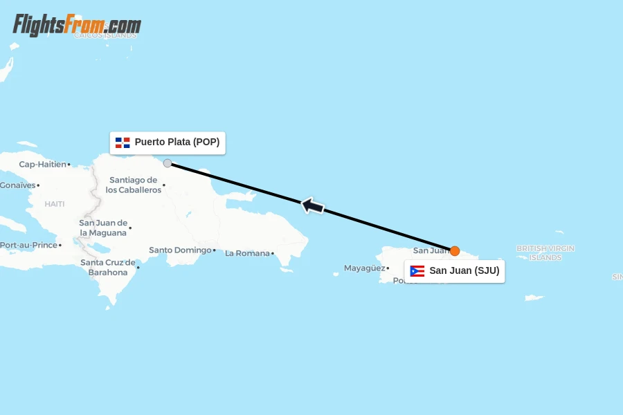 Flights from San Juan to Puerto Plata route map