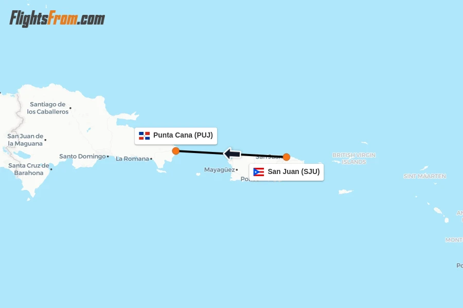 Flights from San Juan to Punta Cana route map