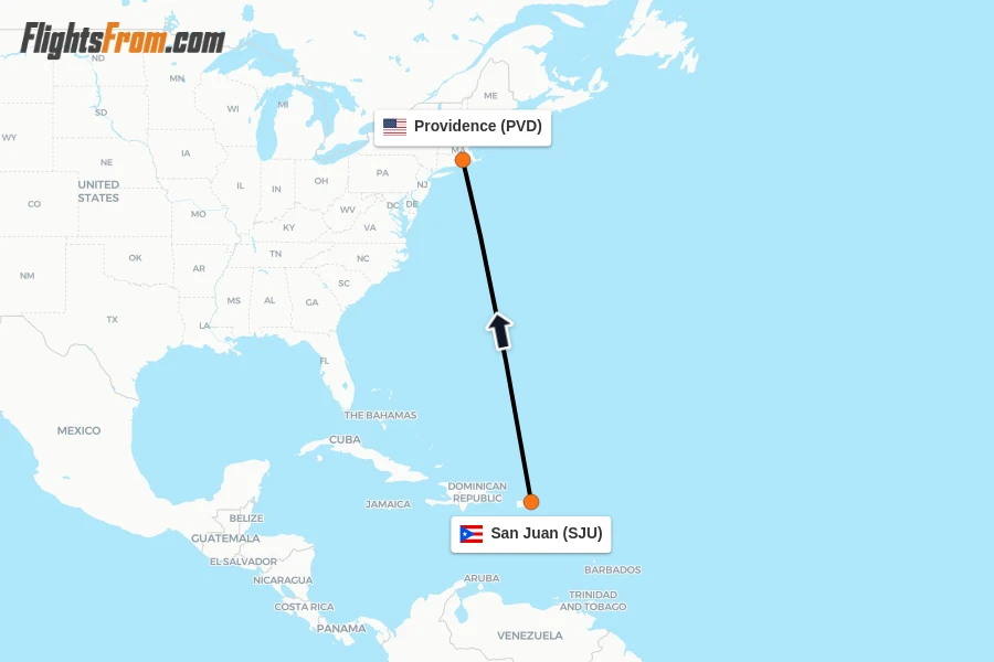 Flights from San Juan to Providence route map