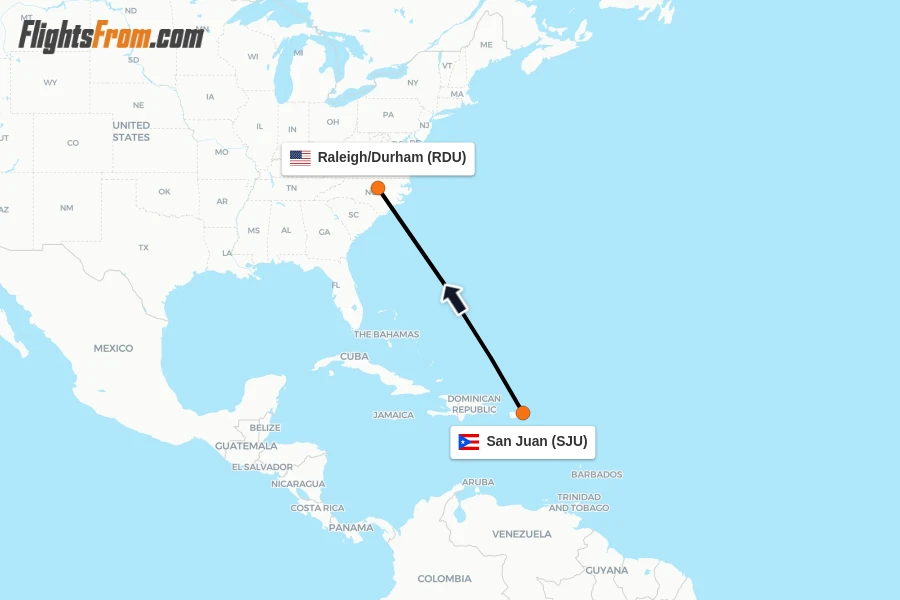 Flights from San Juan to Raleigh/Durham route map