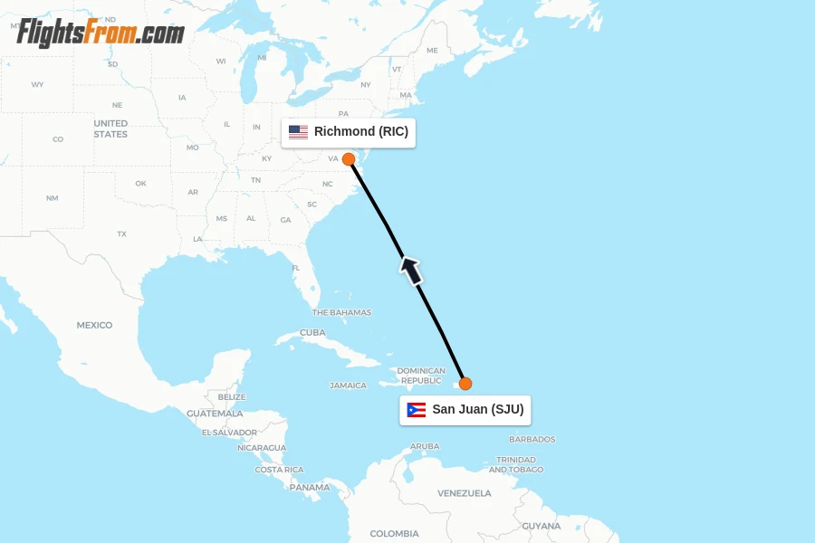 Flights from San Juan to Richmond route map