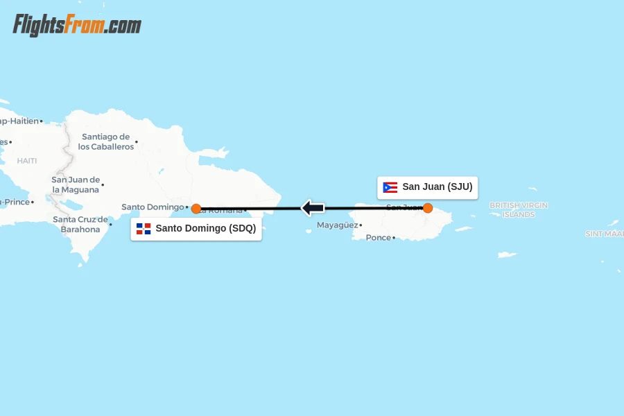 Flights from San Juan to Santo Domingo route map