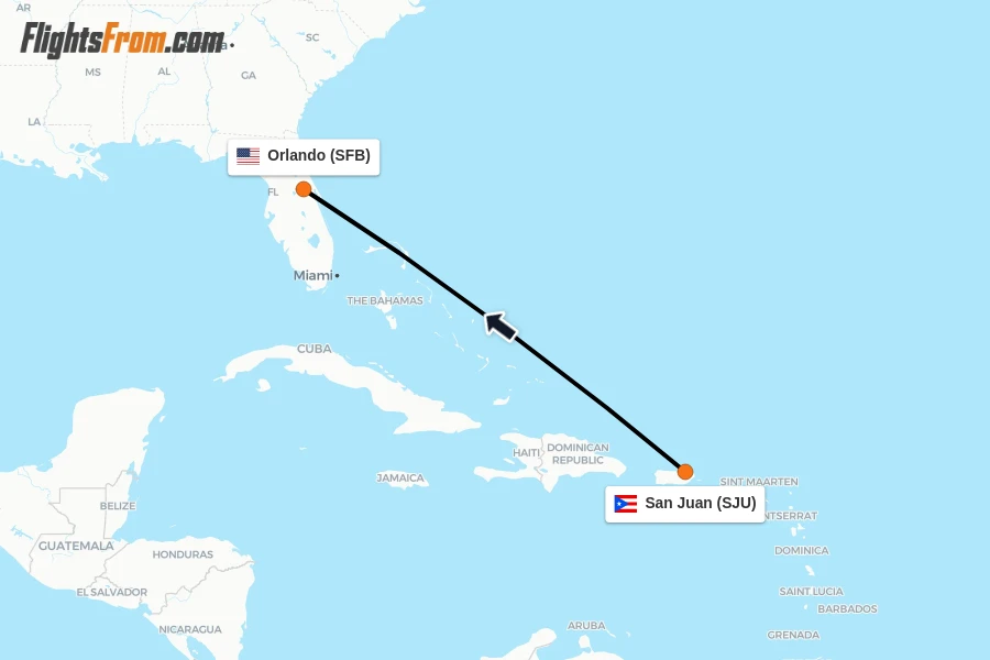 Flights from San Juan to Orlando route map