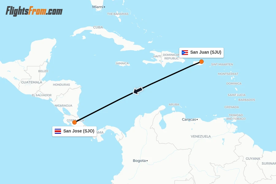 Flights from San Juan to San Jose route map