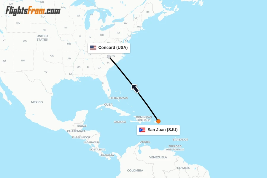 Flights from San Juan to Concord route map