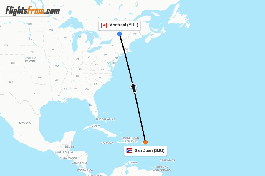 Flights from San Juan to Montreal route map