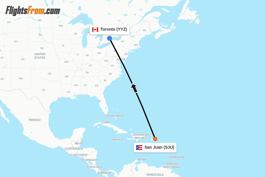 Flights from San Juan to Toronto route map