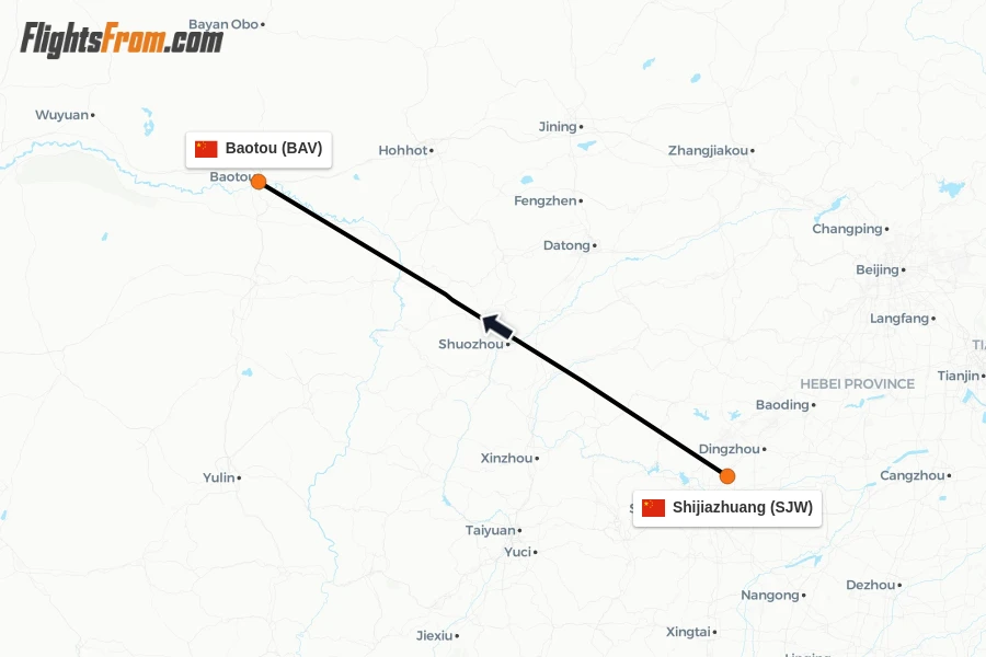 Flights from Shijiazhuang to Baotou route map