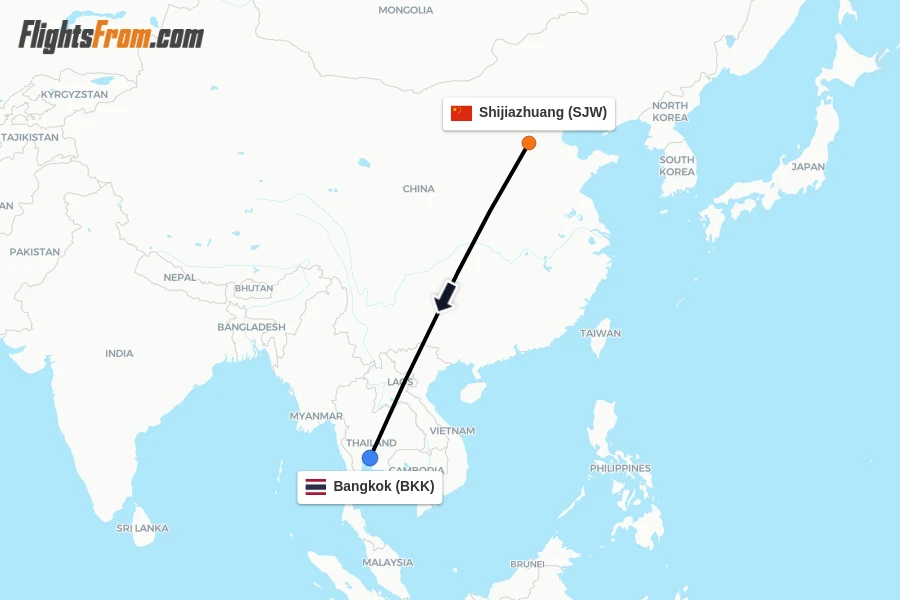 Flights from Shijiazhuang to Bangkok route map