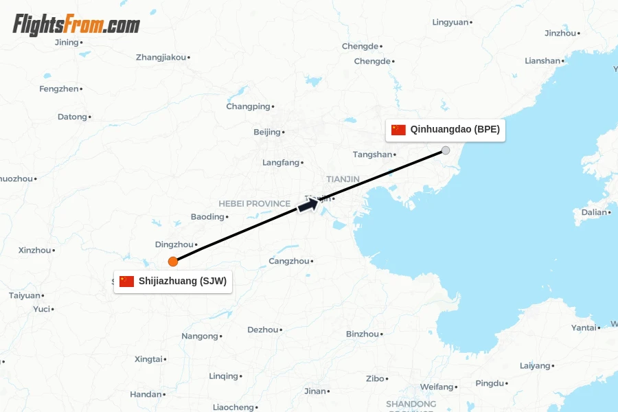 Flights from Shijiazhuang to Qinhuangdao route map