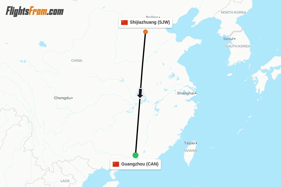 Flights from Shijiazhuang to Guangzhou route map