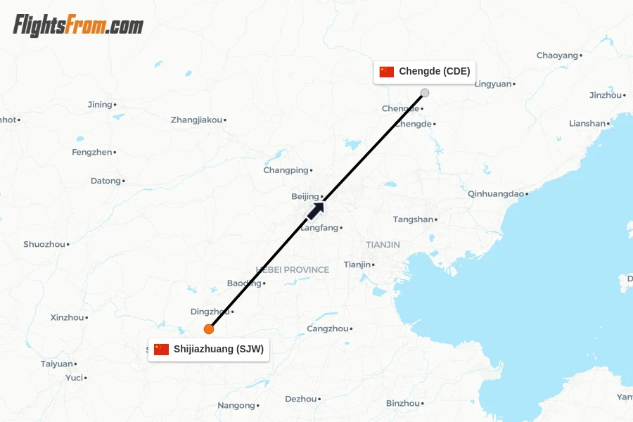 Flights from Shijiazhuang to Chengde route map