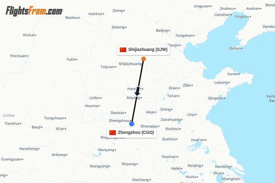 Flights from Shijiazhuang to Zhengzhou route map