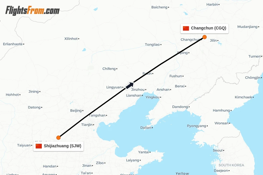 Flights from Shijiazhuang to Changchun route map