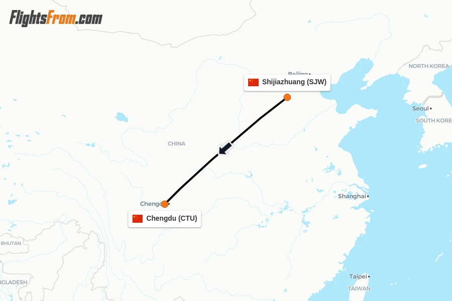 Flights from Shijiazhuang to Chengdu route map