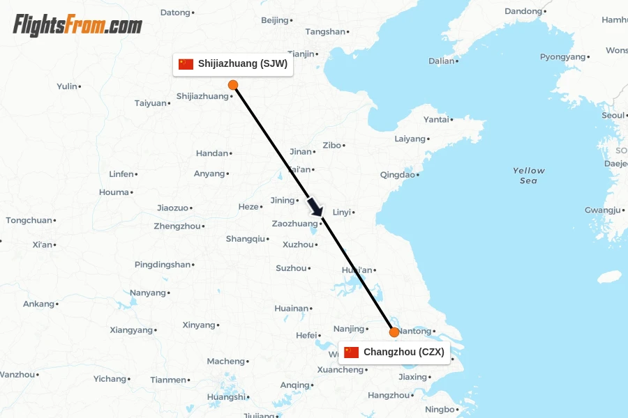 Flights from Shijiazhuang to Changzhou route map