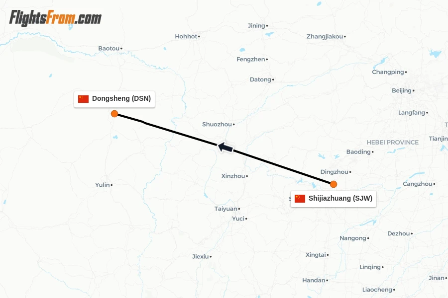 Flights from Shijiazhuang to Dongsheng route map