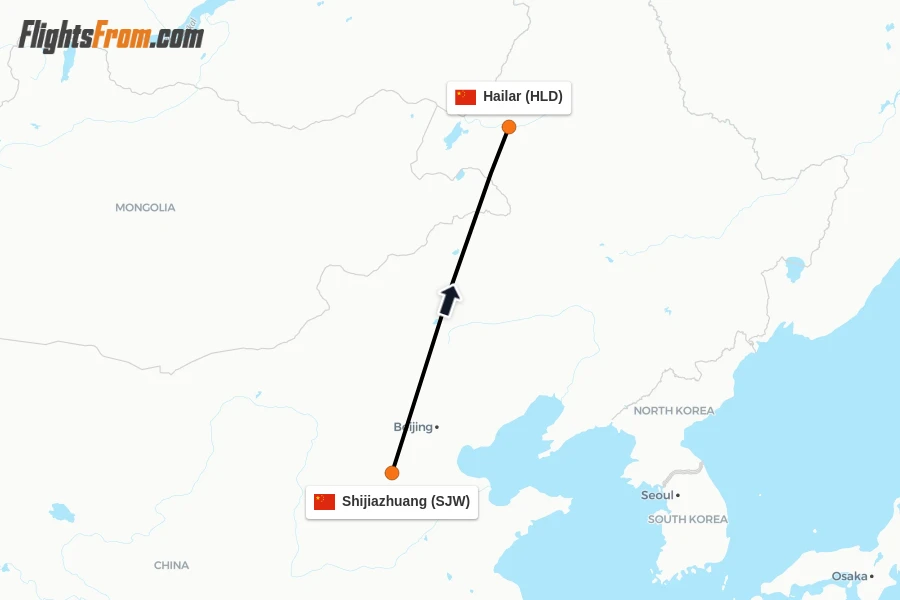 Flights from Shijiazhuang to Hailar route map