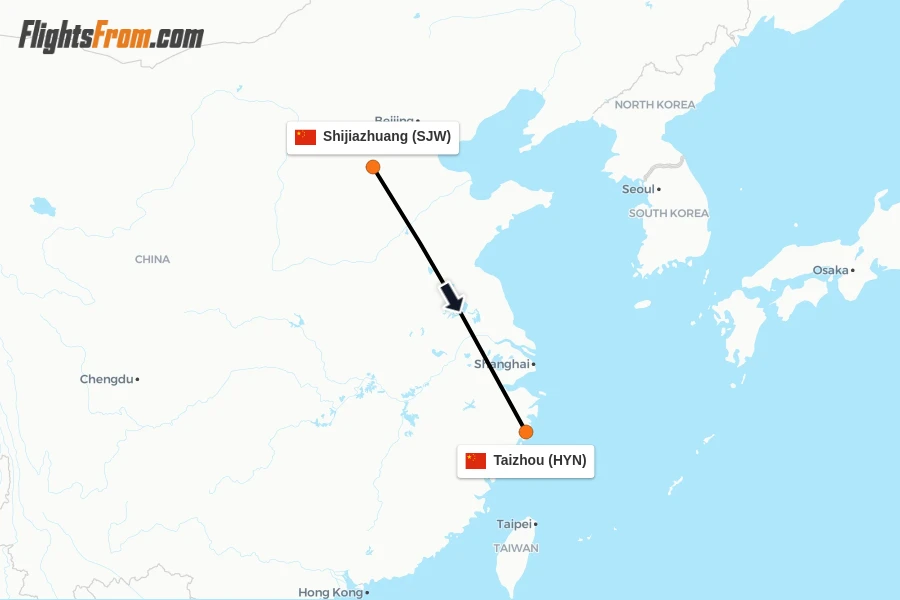 Flights from Shijiazhuang to Taizhou route map