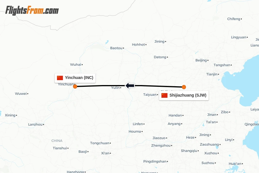 Flights from Shijiazhuang to Yinchuan route map