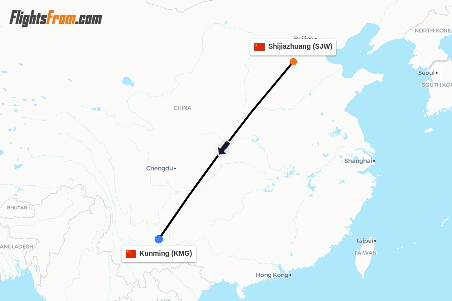 Flights from Shijiazhuang to Kunming route map