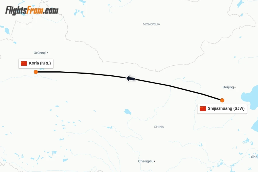 Flights from Shijiazhuang to Korla route map