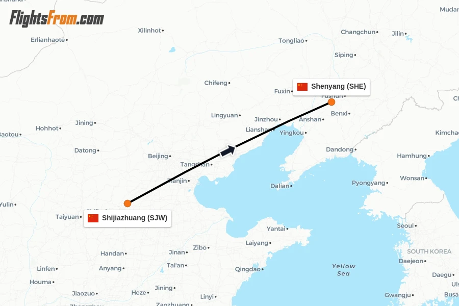 Flights from Shijiazhuang to Shenyang route map