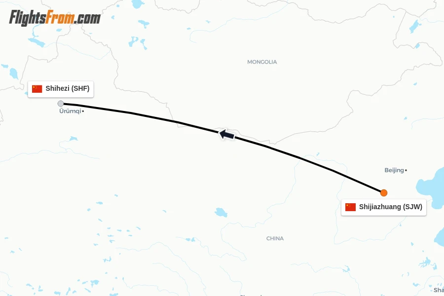 Flights from Shijiazhuang to Shihezi route map