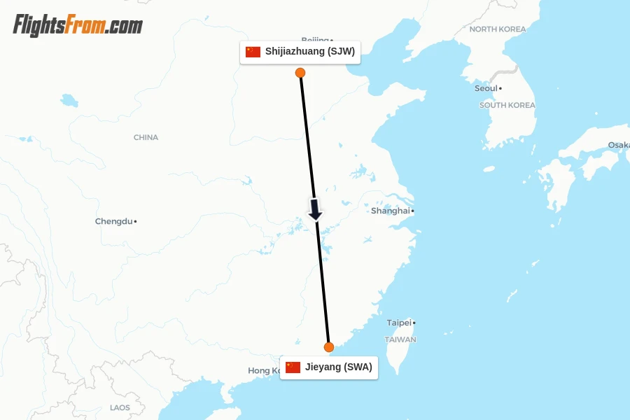 Flights from Shijiazhuang to Jieyang route map