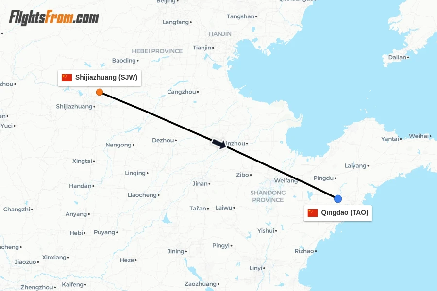 Flights from Shijiazhuang to Qingdao route map
