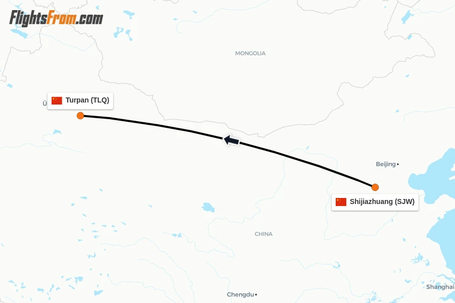 Flights from Shijiazhuang to Turpan route map