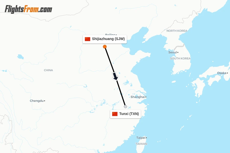 Flights from Shijiazhuang to Tunxi route map