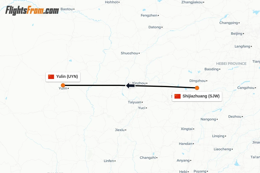 Flights from Shijiazhuang to Yulin route map