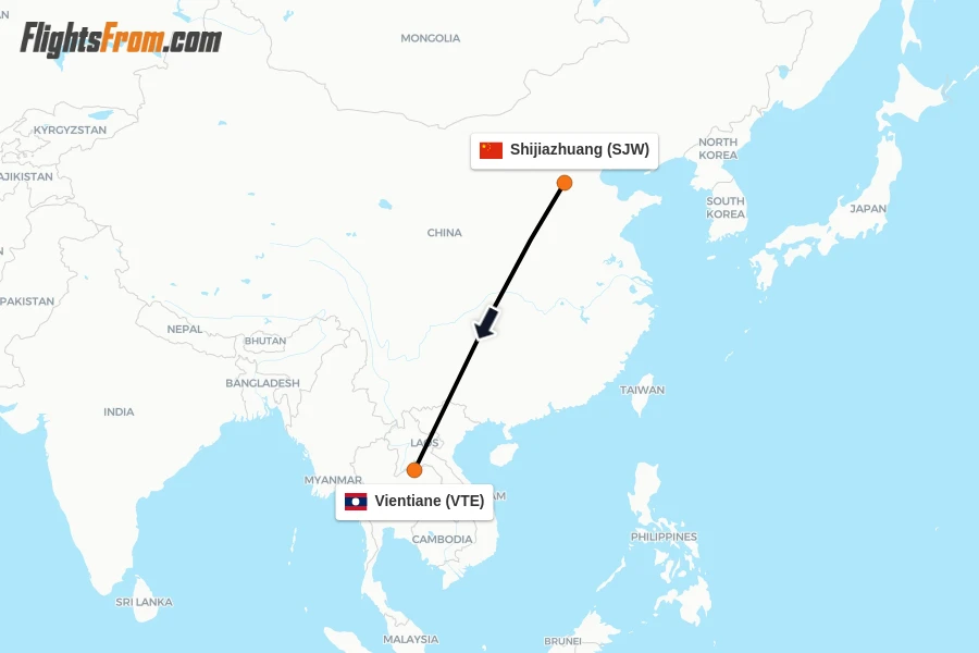 Flights from Shijiazhuang to Vientiane route map